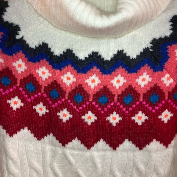 LOFT Ivory W/Red, Pink & Blue Fair Isle Turtleneck Cable Sweater - SIZE Large - Picture 7 of 7
